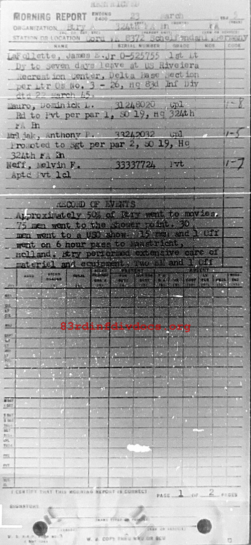 Morning report A Co, 1945-03-23, page 1 Morning report