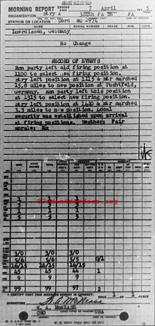 Morning report A Co, 1945-04-07, page 1 Morning report