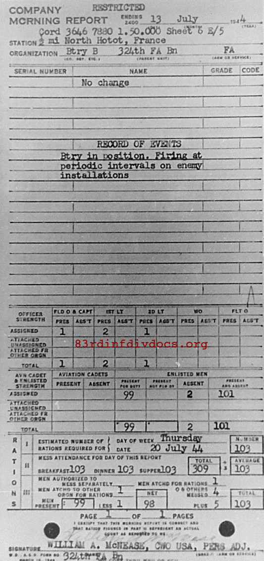 Morning report B Co, 1944-07-13, page 1 Morning report