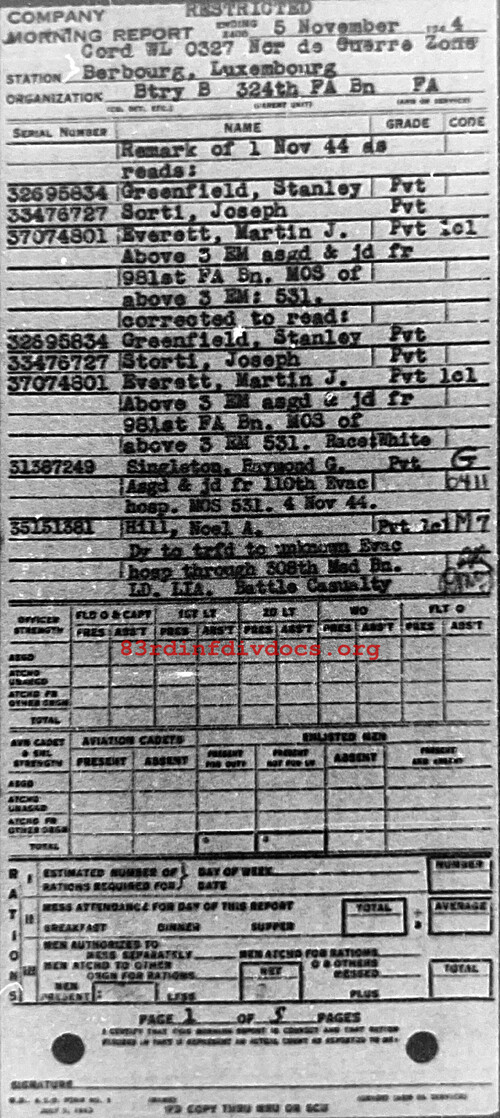 Morning report B Co, 1944-11-05, page 1 Morning report