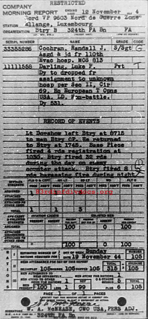 Morning report B Co, 1944-11-12, page 1 Morning report