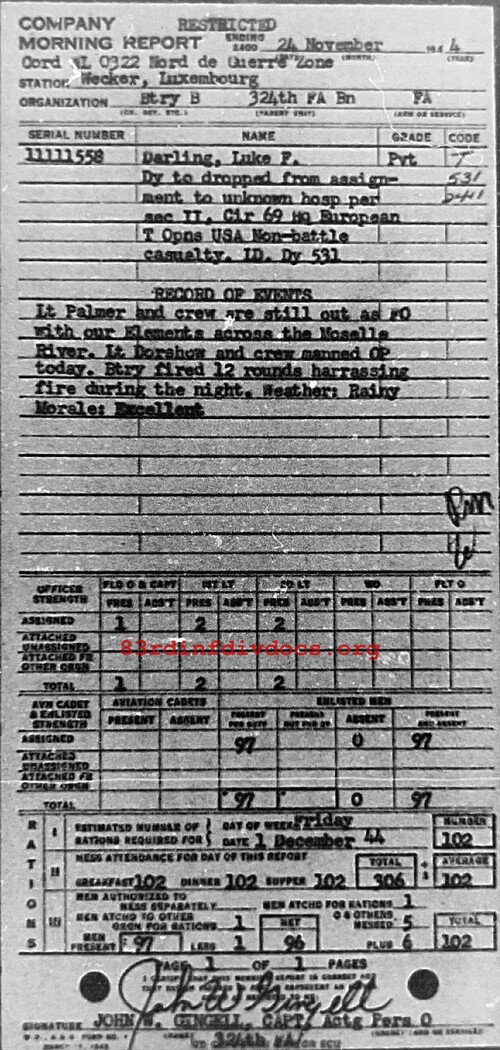 Morning report B Co, 1944-11-24, page 1 Morning report