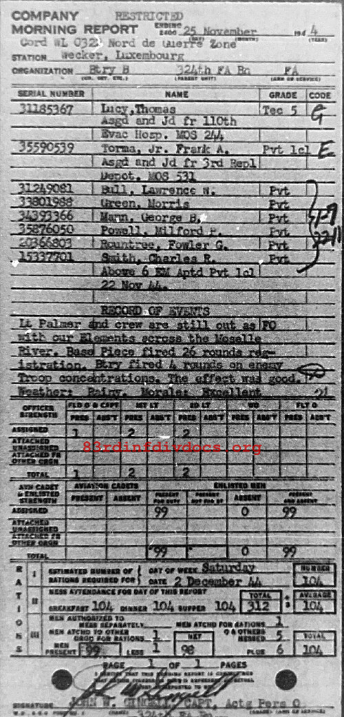 Morning report B Co, 1944-11-25, page 1 Morning report