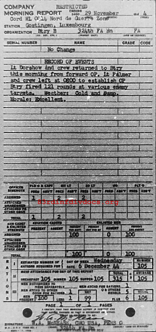 Morning report B Co, 1944-11-29, page 1 Morning report