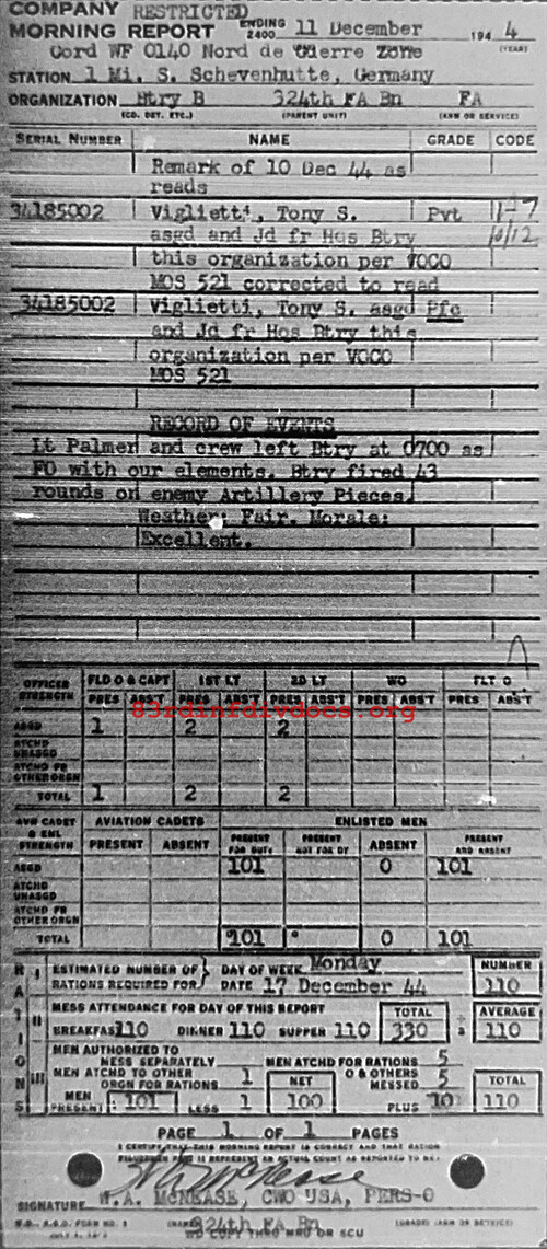 Morning report B Co, 1944-12-11, page 1 Morning report