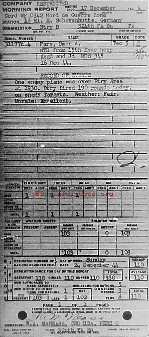 Morning report B Co, 1944-12-17, page 1 Morning report