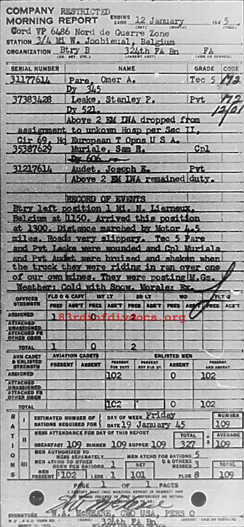 Morning report B Co, 1945-01-12, page 1 Morning report