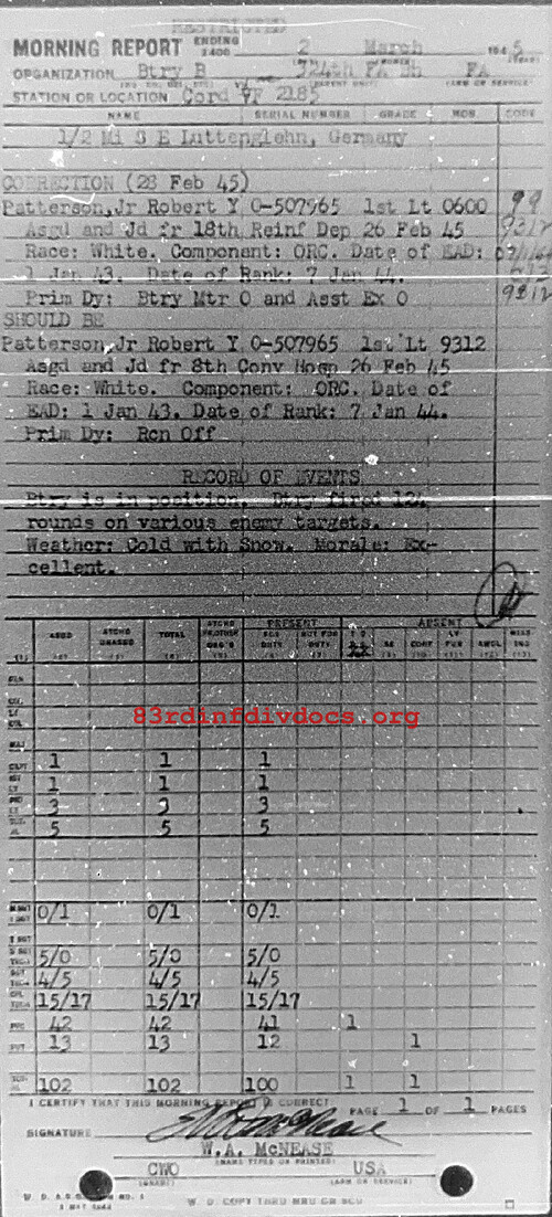 Morning report B Co, 1945-03-02, page 1 Morning report