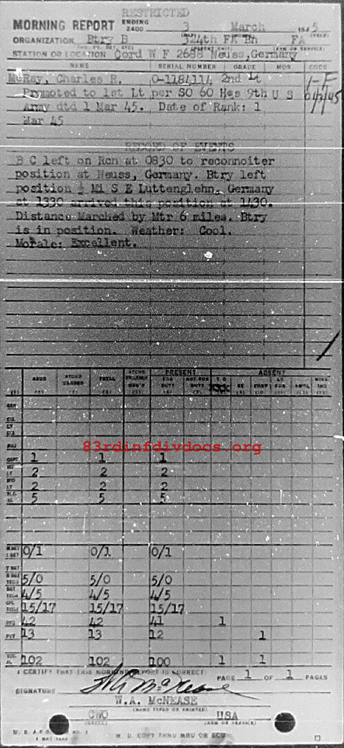 Morning report B Co, 1945-03-03, page 1 Morning report