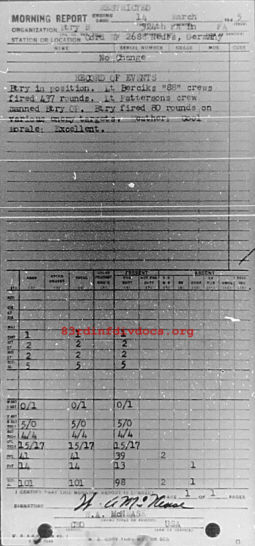 Morning report B Co, 1945-03-14, page 1 Morning report