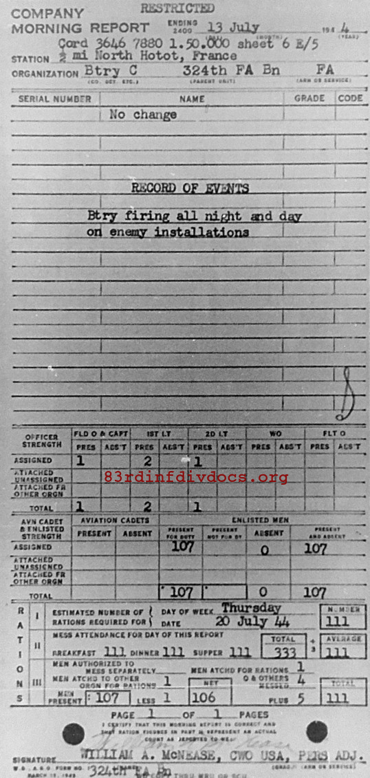 Morning report C Co, 1944-07-13, page 1 Morning report
