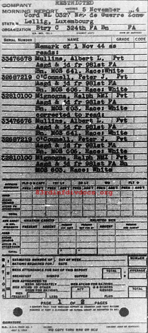 Morning report C Co, 1944-11-05, page 1 Morning report