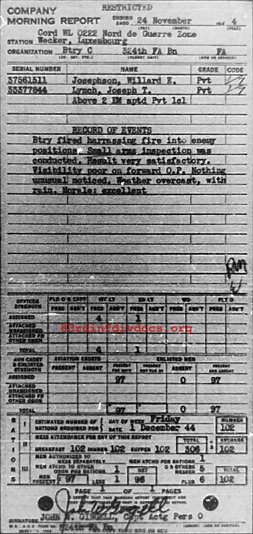 Morning report C Co, 1944-11-24, page 1 Morning report