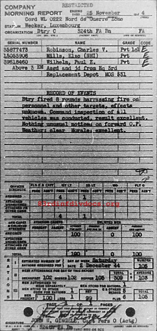 Morning report C Co, 1944-11-25, page 1 Morning report