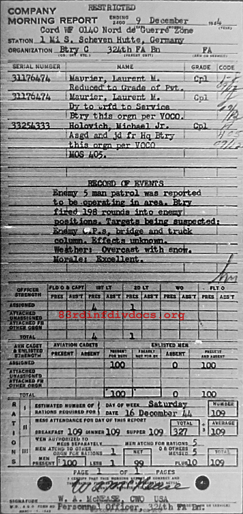 Morning report C Co, 1944-12-09, page 1 Morning report