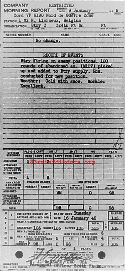 Morning report C Co, 1945-01-09, page 1 Morning report