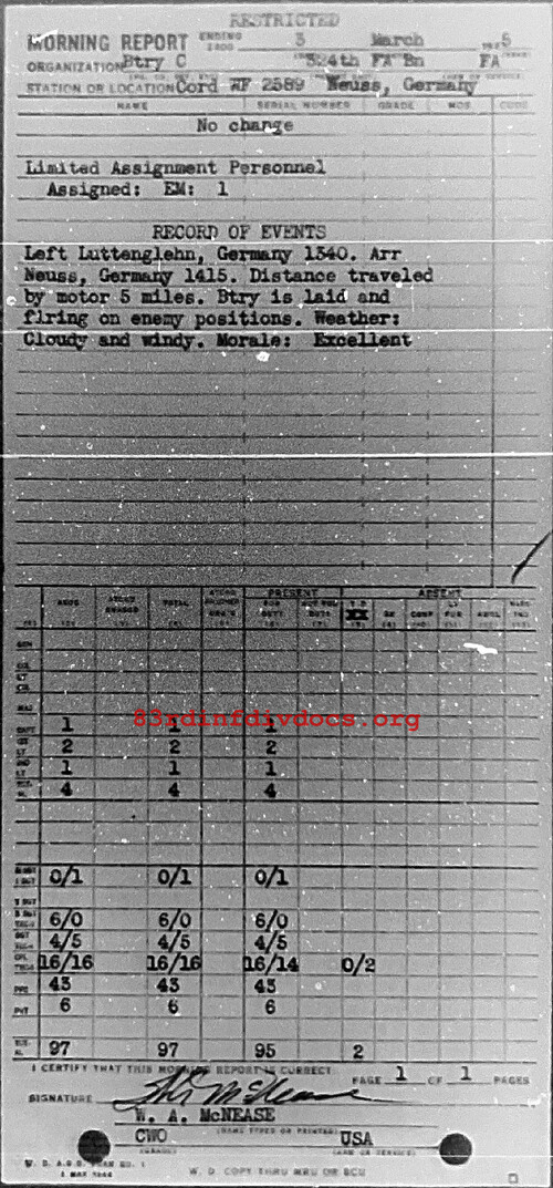 Morning report C Co, 1945-03-03, page 1 Morning report