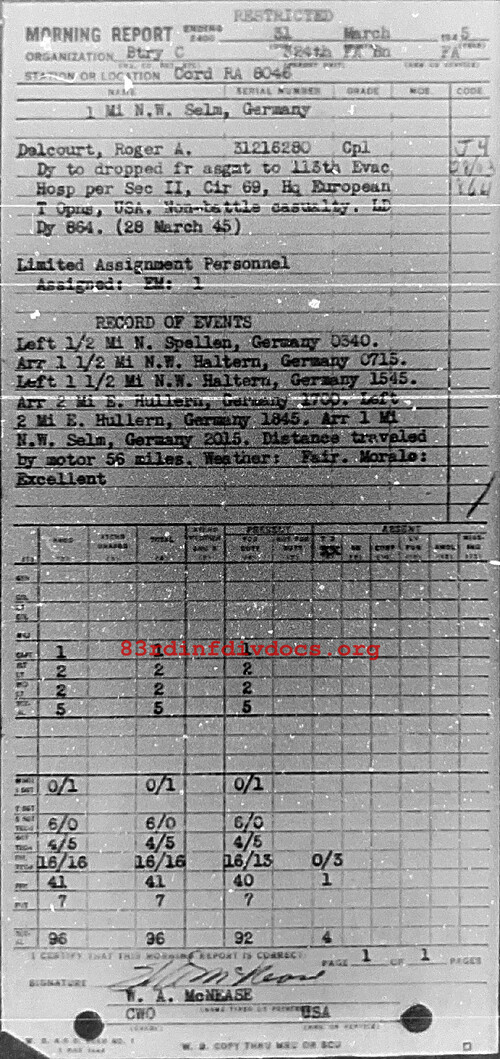 Morning report C Co, 1945-03-31, page 1 Morning report