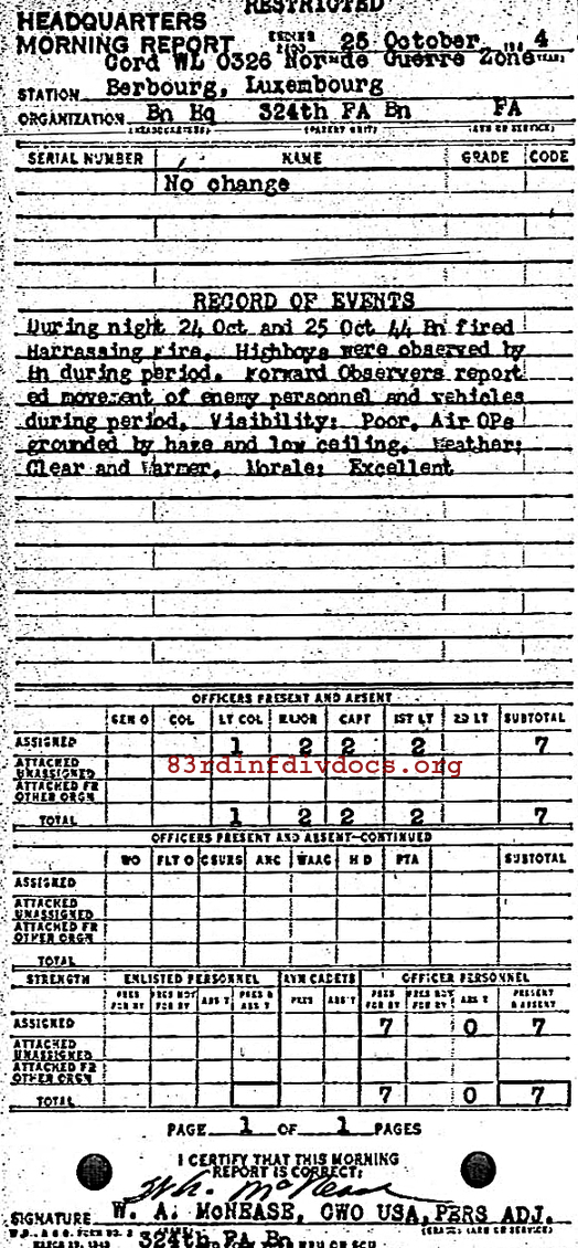 Morning report HQ Co, 1944-10-25, page 1 Morning report