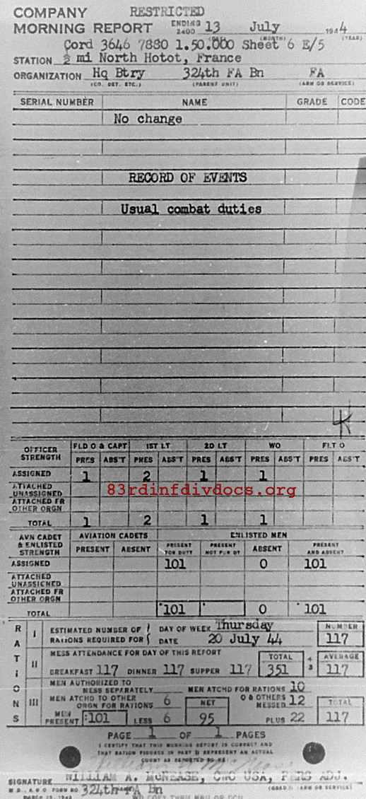 Morning report HQBTRY Co, 1944-07-13, page 1 Morning report