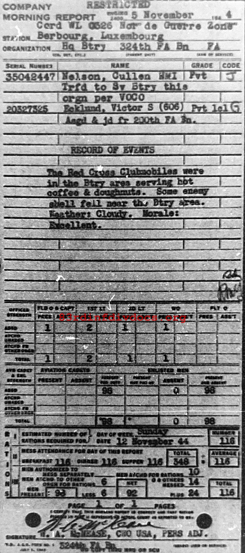 Morning report HQBTRY Co, 1944-11-05, page 1 Morning report
