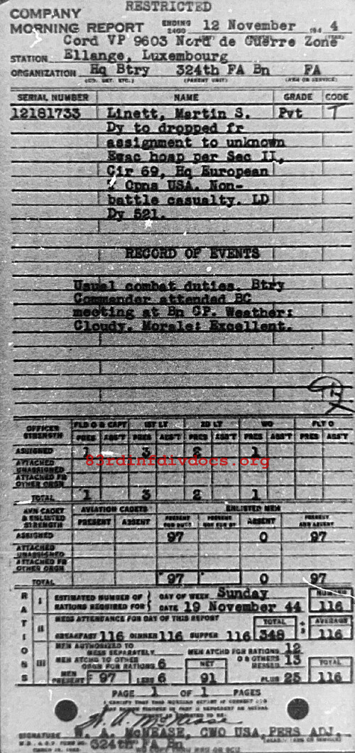 Morning report HQBTRY Co, 1944-11-12, page 1 Morning report