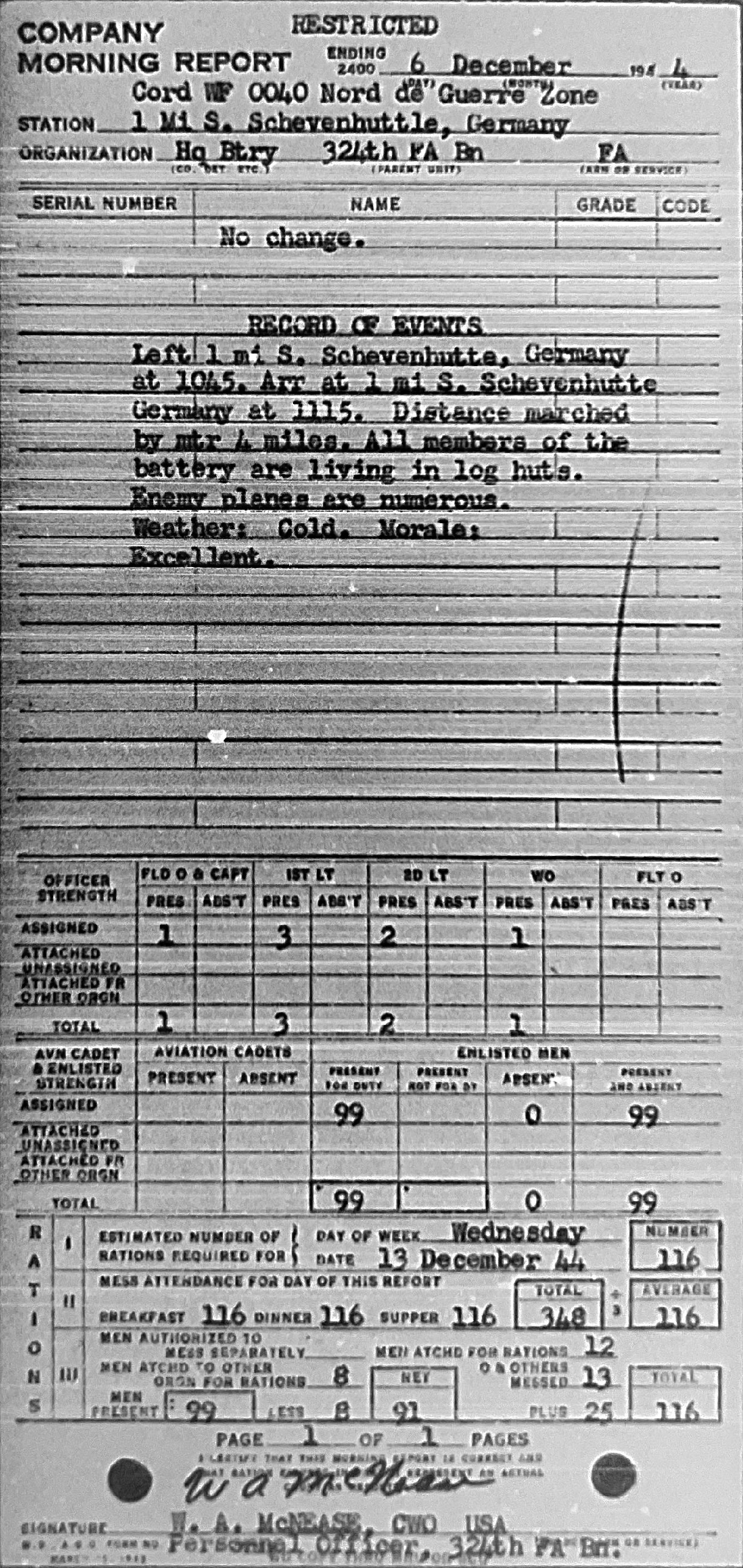 Morning report HQBTRY Co, 1944-12-06, page 1 Morning report