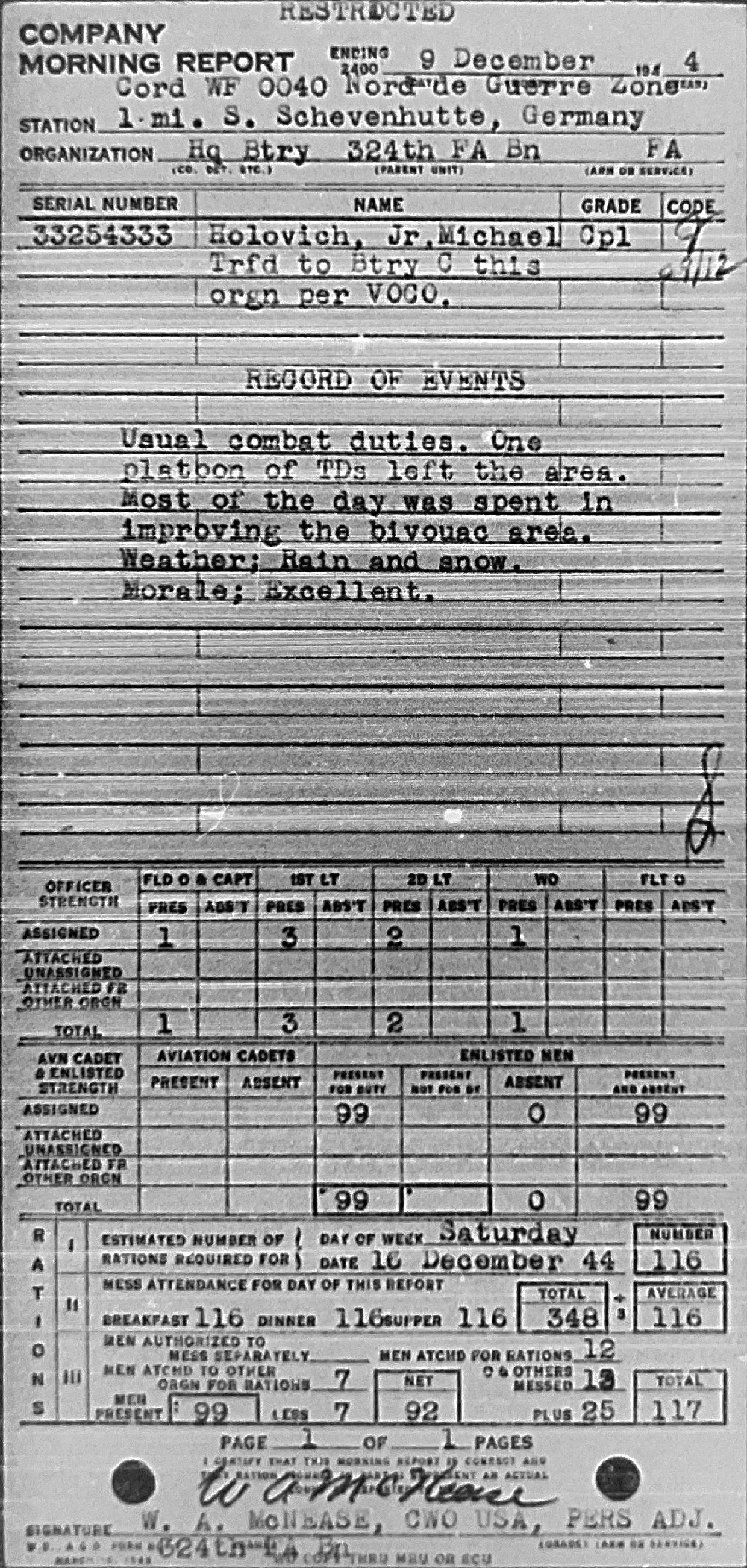 Morning report HQBTRY Co, 1944-12-09, page 1 Morning report