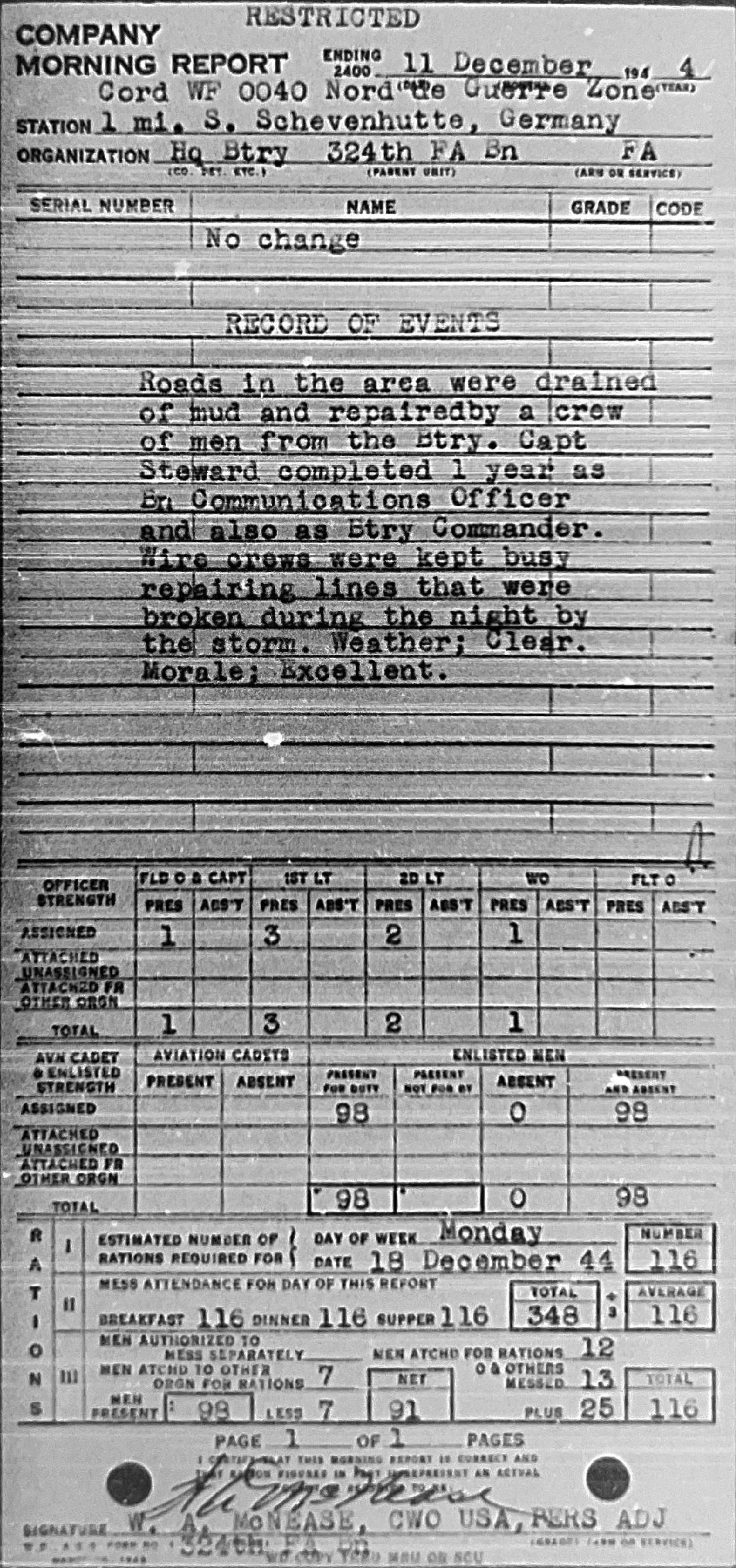 Morning report HQBTRY Co, 1944-12-11, page 1 Morning report