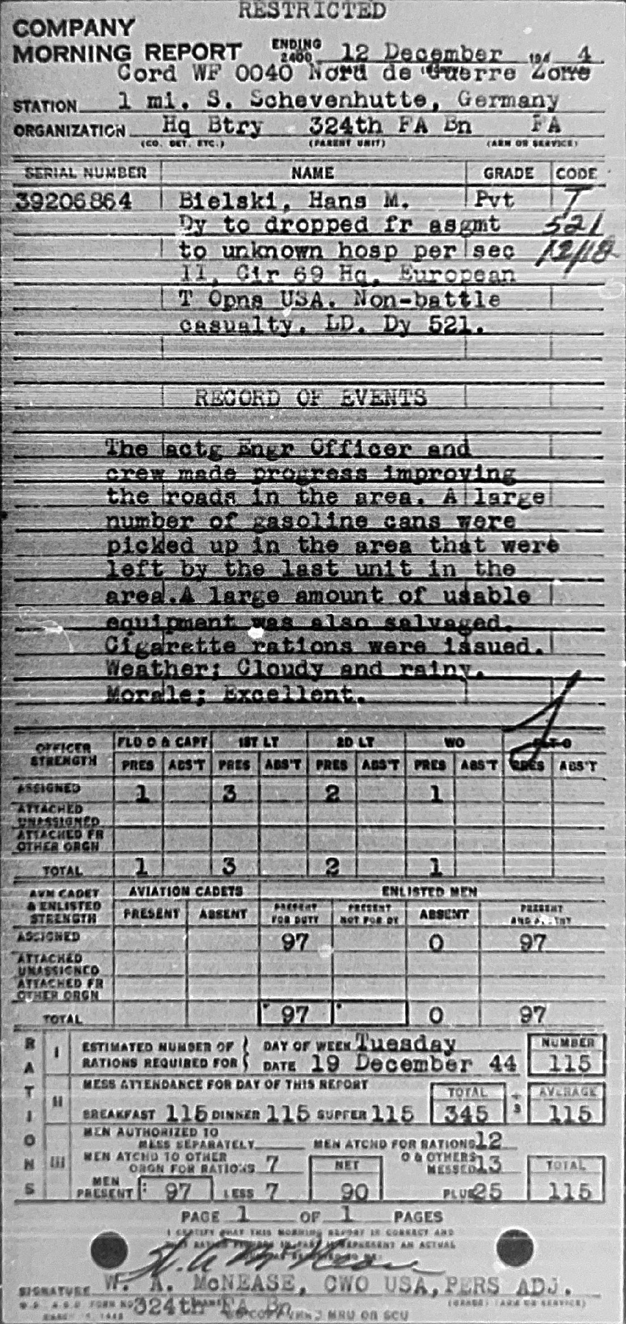 Morning report HQBTRY Co, 1944-12-12, page 1 Morning report