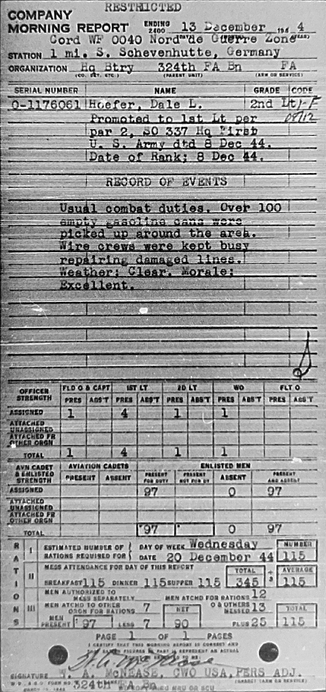 Morning report HQBTRY Co, 1944-12-13, page 1 Morning report