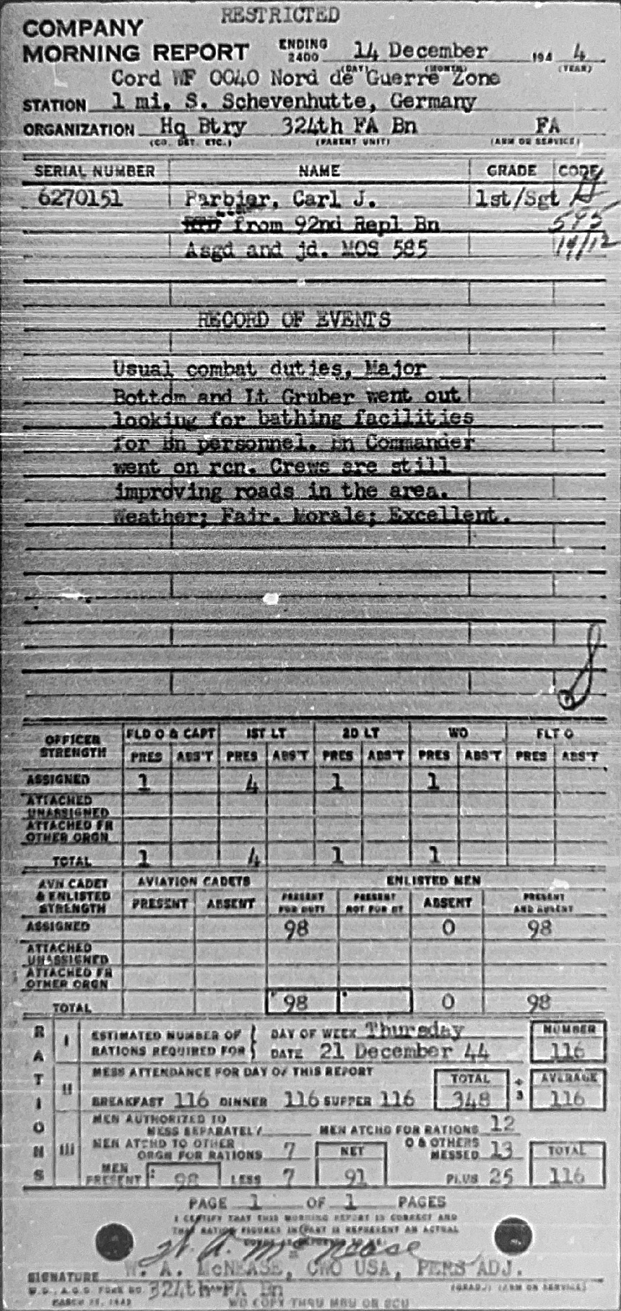 Morning report HQBTRY Co, 1944-12-14, page 1 Morning report