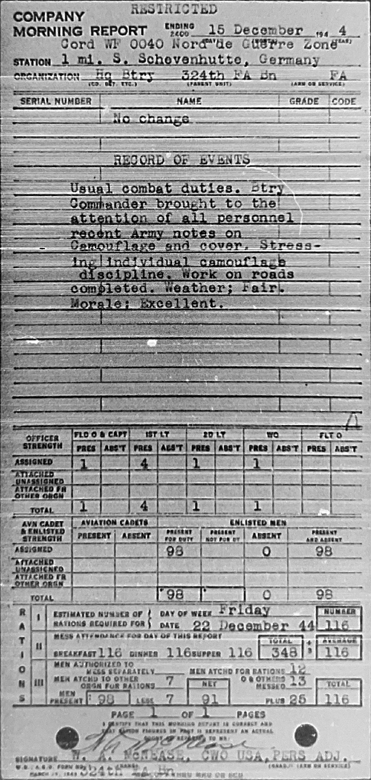 Morning report HQBTRY Co, 1944-12-15, page 1 Morning report