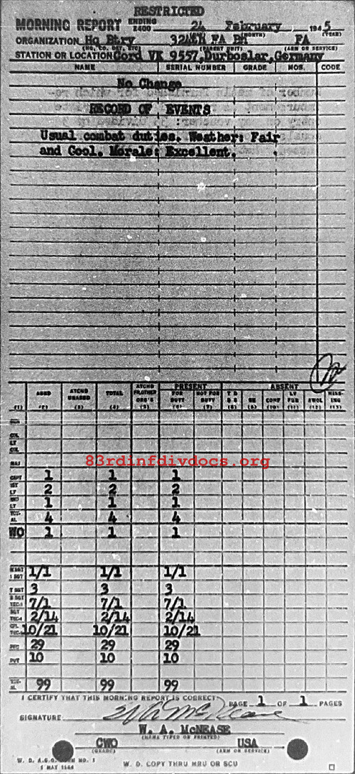 Morning report HQBTRY Co, 1945-02-24, page 1 Morning report