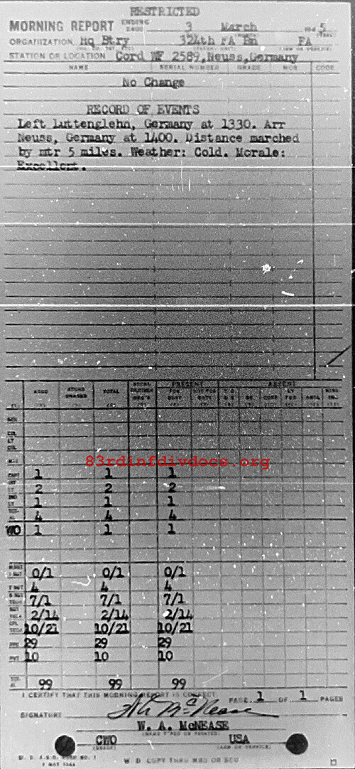 Morning report HQBTRY Co, 1945-03-03, page 1 Morning report