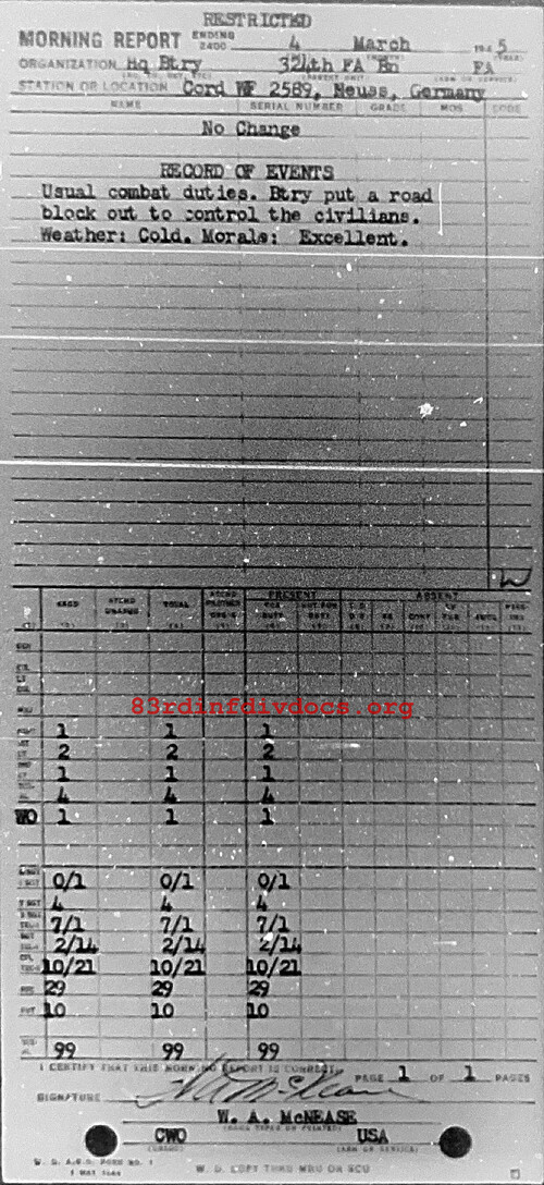 Morning report HQBTRY Co, 1945-03-04, page 1 Morning report