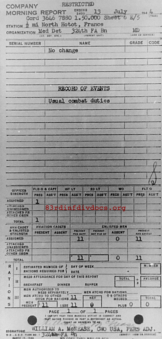 Morning report MEDDET Co, 1944-07-13, page 1 Morning report