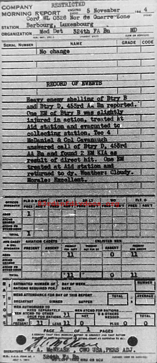 Morning report MEDDET Co, 1944-11-05, page 1 Morning report