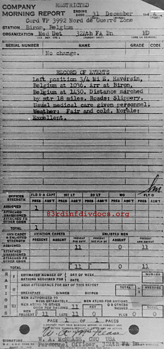 Morning report MEDDET Co, 1944-12-31, page 1 Morning report