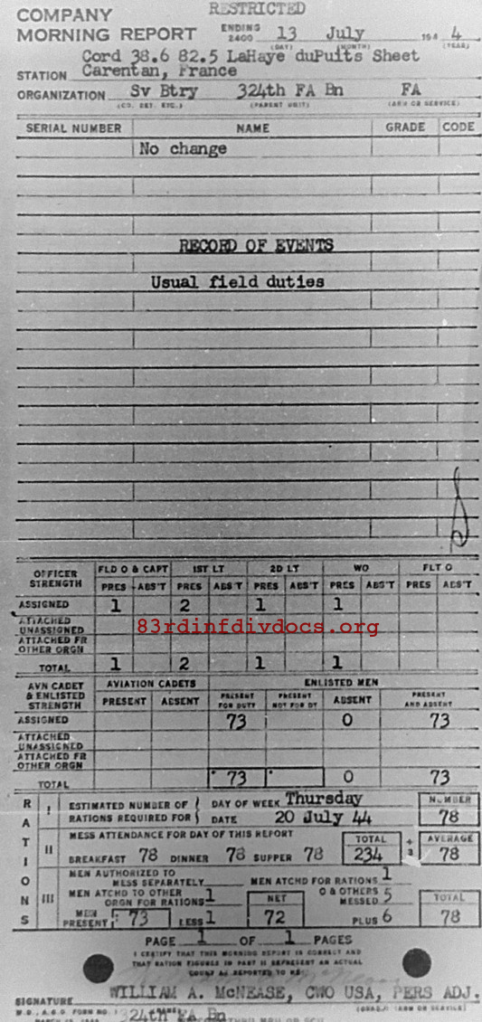 Morning report SERBTRY Co, 1944-07-13, page 1 Morning report