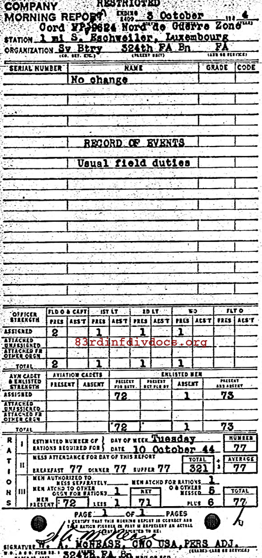 Morning report SERBTRY Co, 1944-10-03, page 1 Morning report