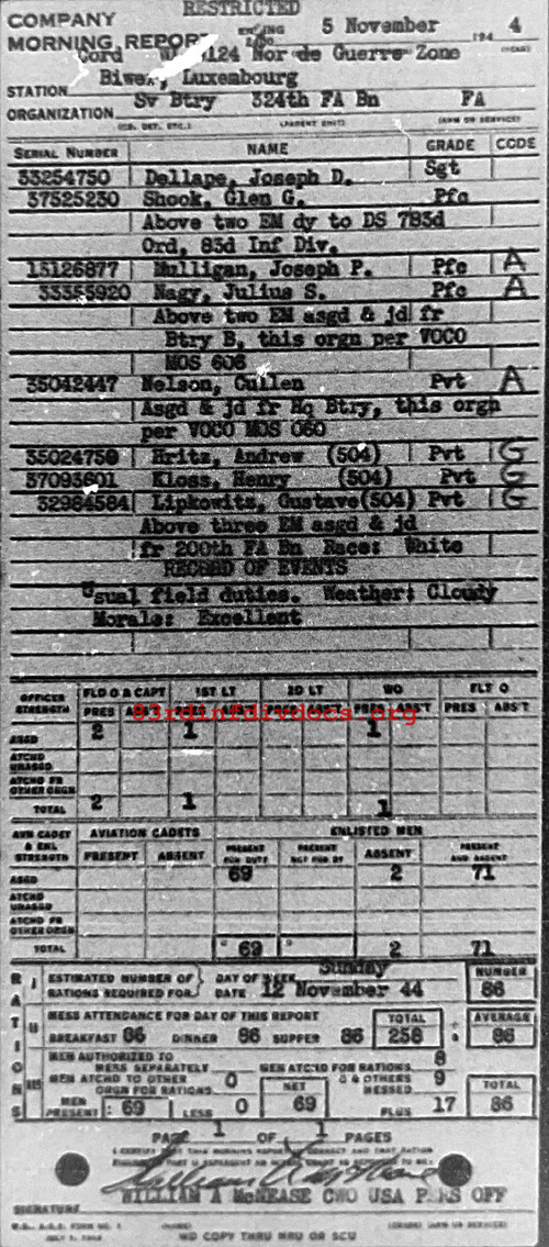Morning report SERBTRY Co, 1944-11-05, page 1 Morning report