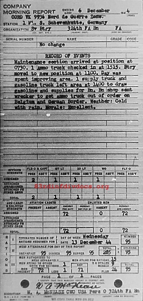 Morning report SERBTRY Co, 1944-12-06, page 1 Morning report