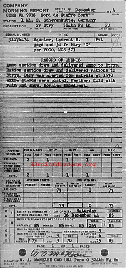 Morning report SERBTRY Co, 1944-12-09, page 1 Morning report