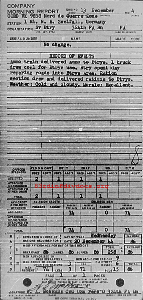 Morning report SERBTRY Co, 1944-12-13, page 1 Morning report