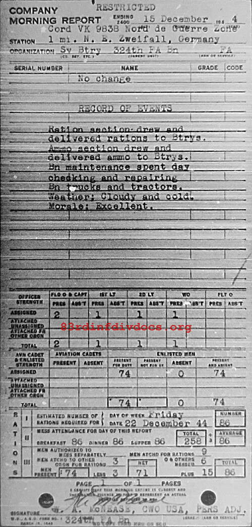 Morning report SERBTRY Co, 1944-12-15, page 1 Morning report