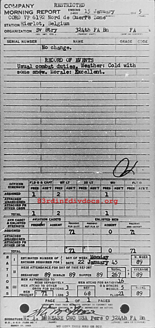 Morning report SERBTRY Co, 1945-01-15, page 1 Morning report