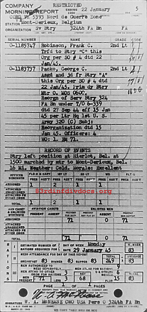 Morning report SERBTRY Co, 1945-01-22, page 1 Morning report