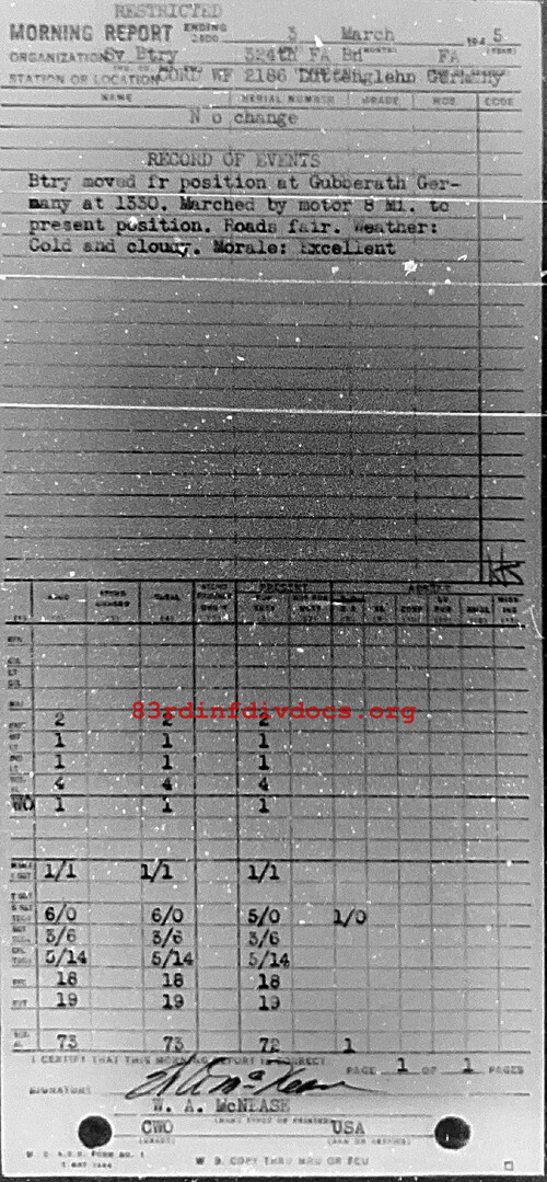 Morning report SERBTRY Co, 1945-03-03, page 1 Morning report