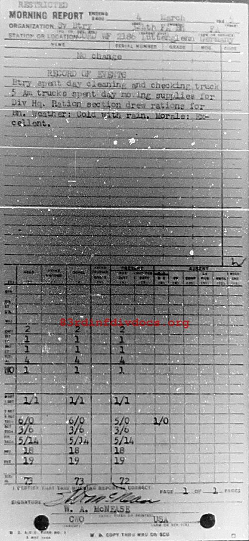 Morning report SERBTRY Co, 1945-03-04, page 1 Morning report